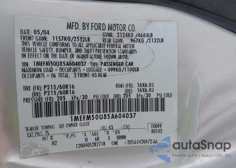 2005 Mercury Sable Gs from USA, damaged, VIN 1MEFM50U85A604037